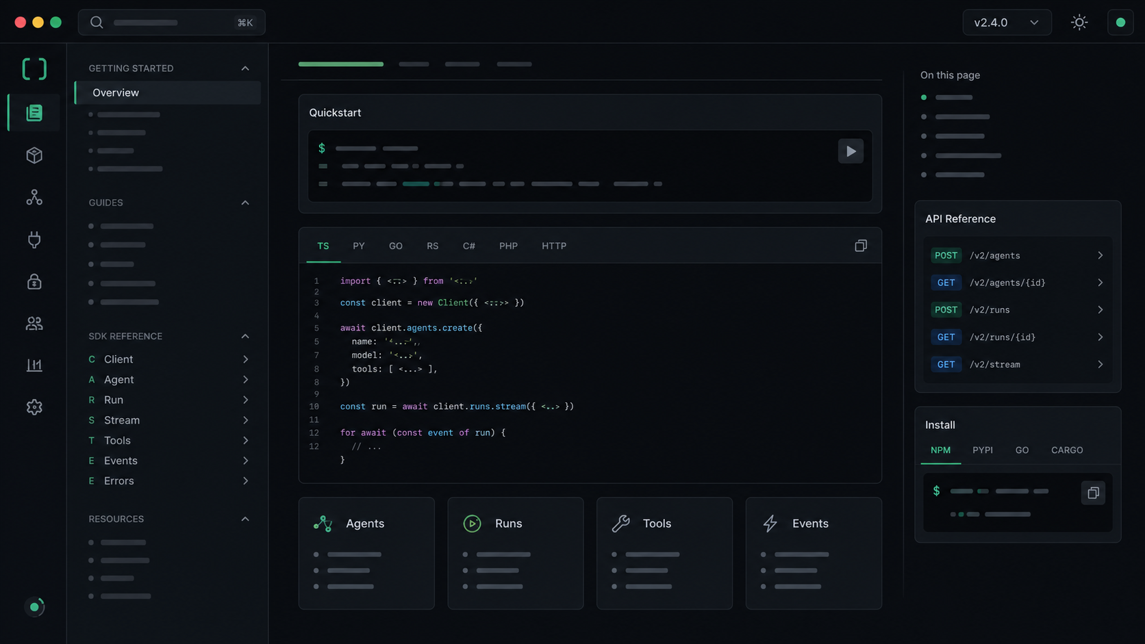 CogSynth SDK documentation interface showing the API reference with typed method signatures